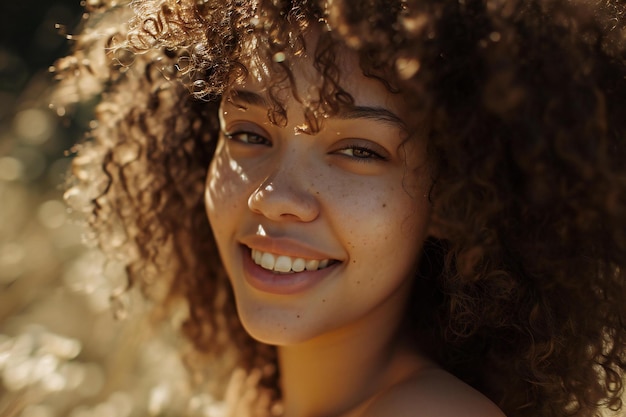 Portrait en gros plan d'une jeune et belle femme afro-américaine aux cheveux bouclés