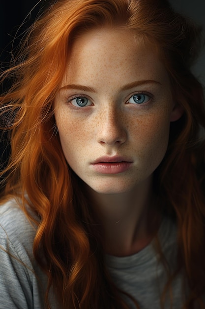 portrait en gros plan d'une jeune et belle femme aux cheveux roux rouges et aux taches de rousseur naturelles