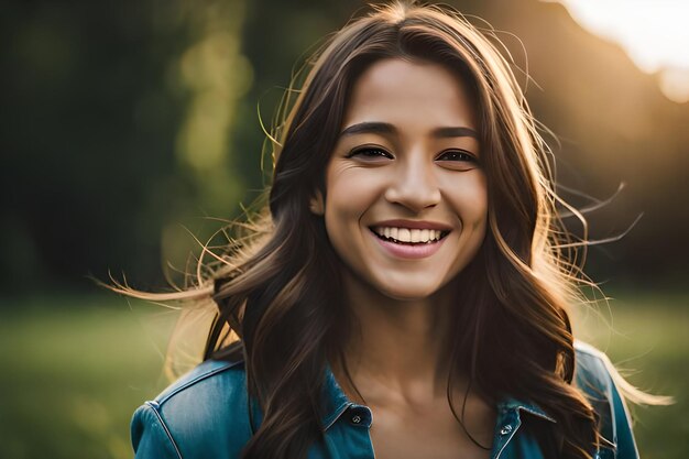 Portrait en gros plan d'une jeune et belle femme brune en robe bleue dans un parc d'automne