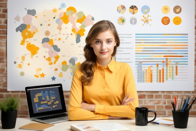 Portrait en gros plan d'une jeune belle femme souriante tout en travaillant au bureau Technologie d'IA générative