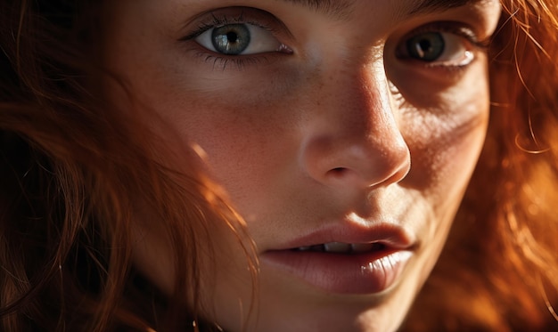 Portrait en gros plan d'une jeune femme ou d'une adolescente aux cheveux bouclés rouges, à la peau pâle et aux taches de rousseur regardant la caméra