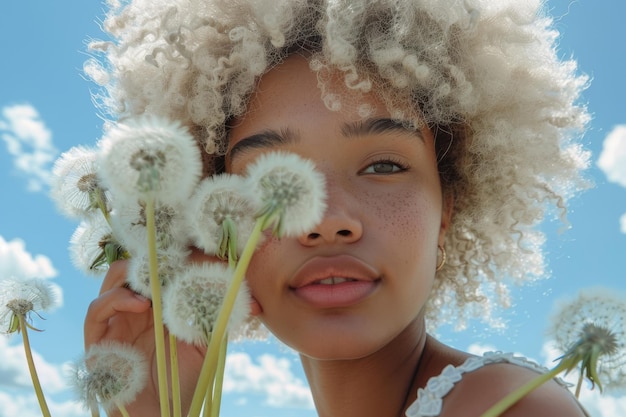 Portrait en gros plan d'une jeune femme afro-américaine aux cheveux blancs et bouclés tenant des pissenlits