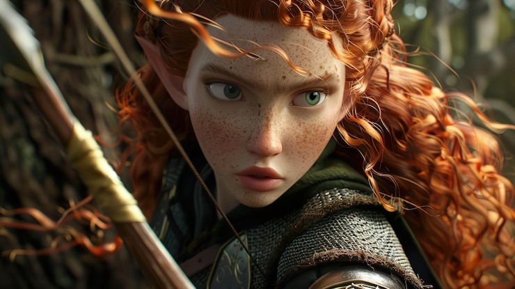 Photo un portrait en gros plan d'une jeune femme aux cheveux roux et aux yeux verts. elle porte une tenue verte et brune et tient un arc et une flèche. son expression est intense et concentrée.