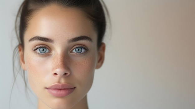 Portrait en gros plan d'une jeune femme aux yeux bleus captivants et au teint naturel sur un fond doux