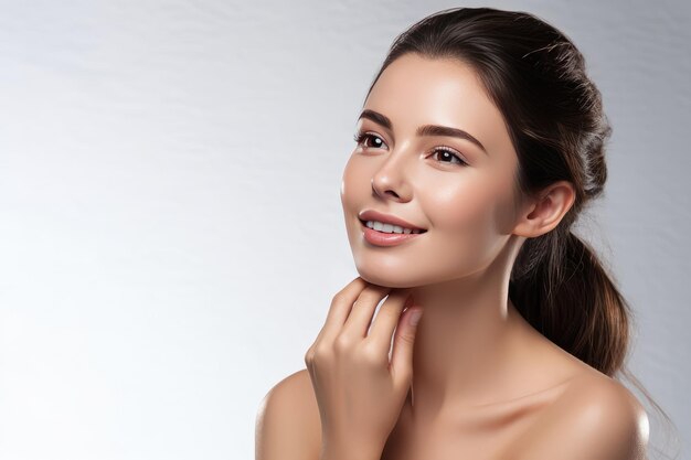 Portrait en gros plan d'une jeune femme de beauté avec une peau claire, parfaite, en bonne santé, un maquillage de modèle, un style de publicité cosmétique isolé sur blanc