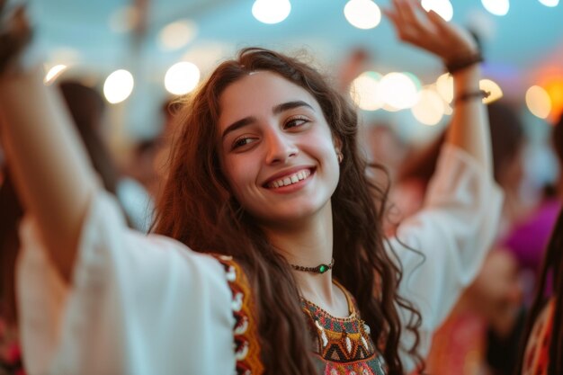 Portrait en gros plan d'une jeune femme heureuse dansant lors d'un festival en Asie