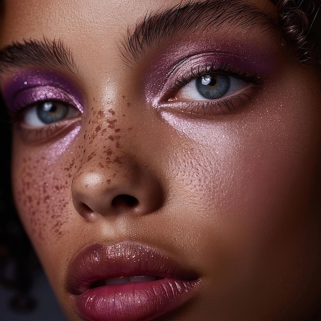 Portrait en gros plan d'une jeune femme avec un maquillage pourpre étincelant sur les yeux