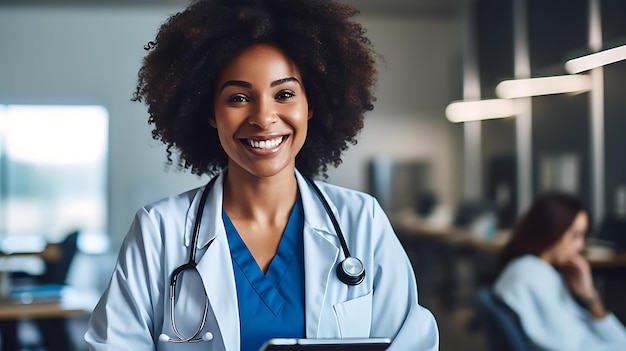 Portrait en gros plan d'une jeune femme médecin afro-américaine souriante assise dans son cabinet à l'hôpitalCréé avec la technologie Generative AI