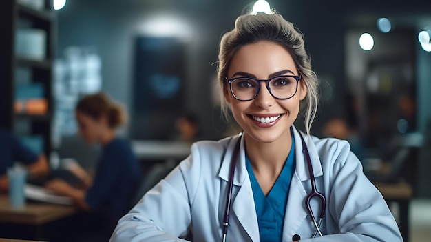 Portrait en gros plan d'une jeune femme médecin caucasienne souriante assise à l'hôpital Créé avec la technologie IA générative