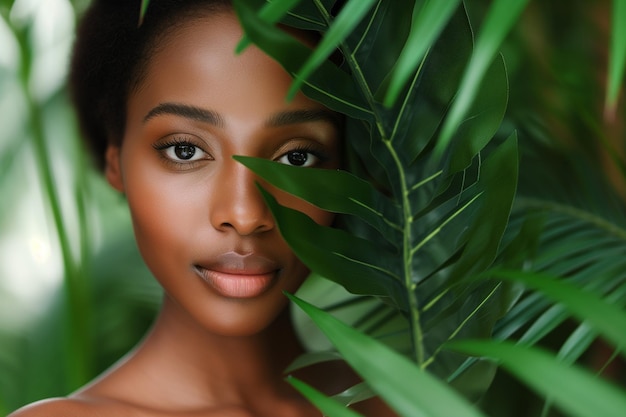 Portrait en gros plan d'une jeune femme sereine avec des feuilles tropicales vertes luxuriantes couvrant partiellement son visage