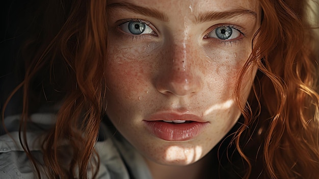 Portrait en gros plan d'une jeune femme avec des taches de rousseur qui regarde la caméra