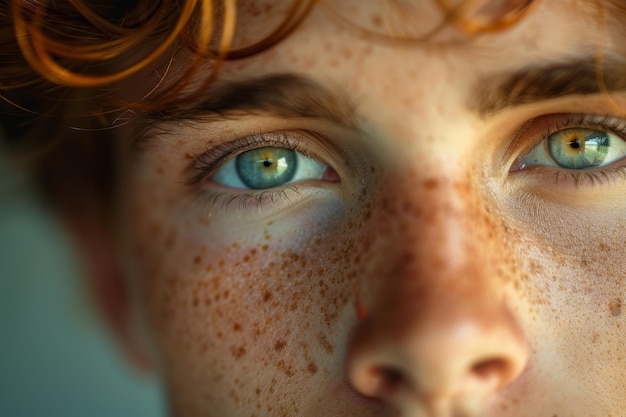 Portrait en gros plan d'un jeune homme aux taches de rousseur et aux yeux perçants