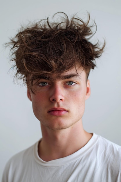 Portrait en gros plan d'un jeune homme avec une coupe de cheveux en frange désordonnée mettant en valeur sa coiffure à la mode et à la mode exprimant l'individualité et le toilettage moderne