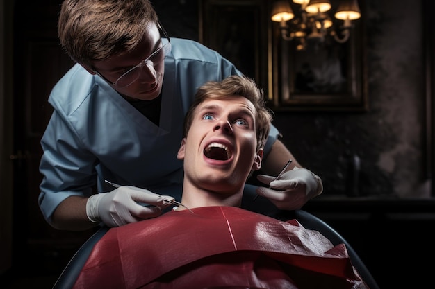 Portrait en gros plan d'un jeune homme dont les dents sont examinées par un dentiste Un jeune homme chez un dentiste généré par l'IA