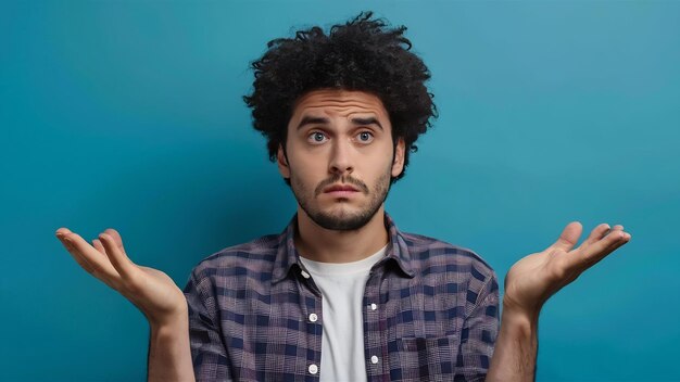 Photo portrait en gros plan d'un jeune homme incertain et indécis avec des poils haussant les épaules faire un visage confus