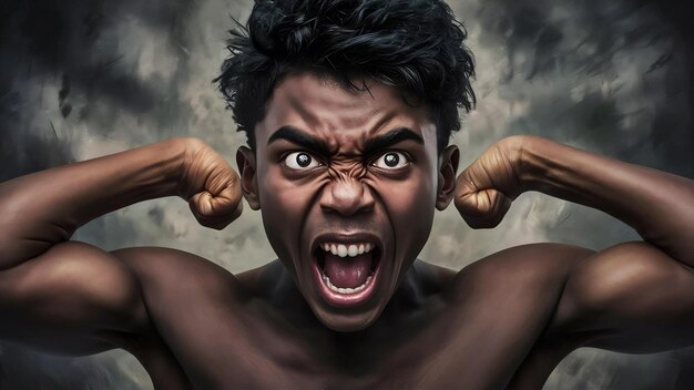 Photo portrait en gros plan d'un jeune homme à la peau sombre qui crie de colère et de fureur.