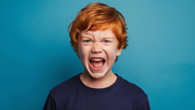 Portrait en gros plan d'un jeune homme roux dans un t-shirt marin élégant qui a l'air fou en posant