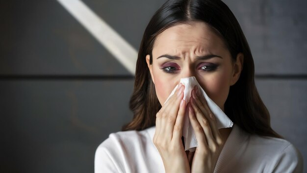 Portrait en gros plan d'une jolie femme se soufflant le nez avec une serviette attraper un rhume se sentir malade isolé