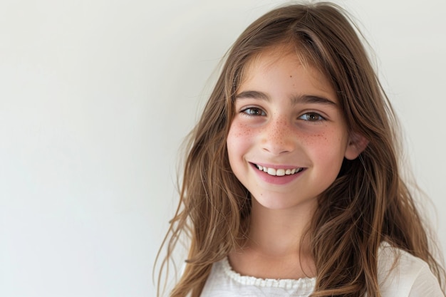 un portrait en gros plan d'une jolie jeune fille souriante avec des dents propres utilisées pour une bosse