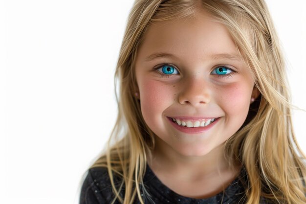 un portrait en gros plan d'une jolie jeune fille souriante avec des dents propres utilisées pour une bosse