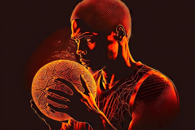 Portrait en gros plan d'un joueur de basket-ball en maillot de sport et ballon orange dans ses mains ai générative
