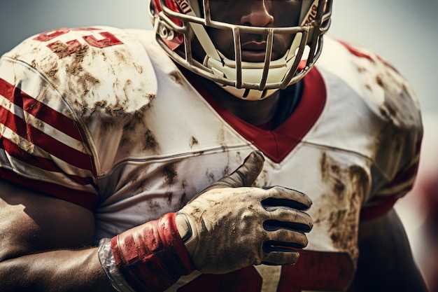 Portrait en gros plan d'un joueur de football américain musclé tenant le ballon Un athlète déterminé dans un casque uniforme souillé et des gants luttant pour la victoire sur le terrain du stade sans épargner d'efforts