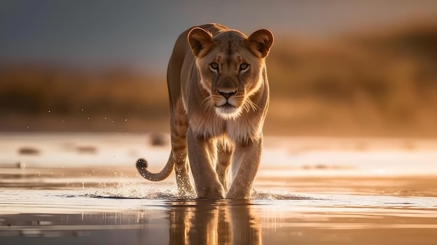 Portrait en gros plan d'un lion femelle carnivore féroce marchant et regardant fixement ou regardant la caméra dans le fond de la nature d'eau peu profonde