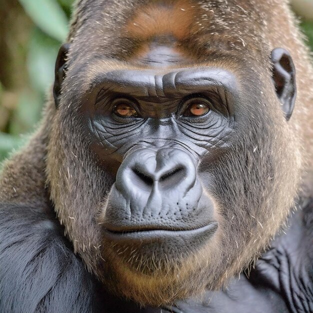 Un portrait en gros plan d'un majestueux gorille à dos argenté, ses yeux sages regardant directement l'appareil photo