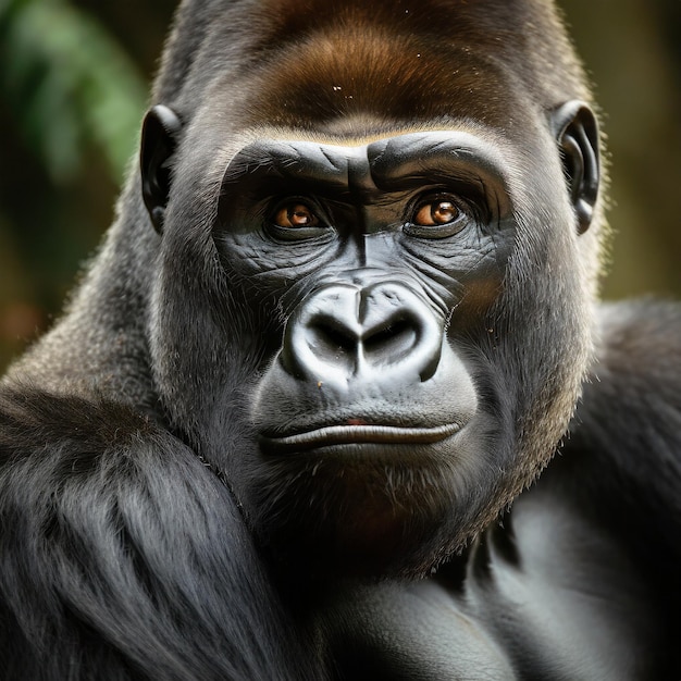 Un portrait en gros plan d'un majestueux gorille à dos argenté, ses yeux sages regardant directement l'appareil photo