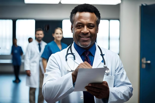 Portrait en gros plan d'un médecin d'âge moyen content portant un manteau blanc