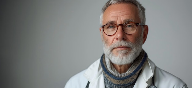 Portrait en gros plan d'un médecin senior posant devant une caméra sur le concept de soins de santé et de médecine