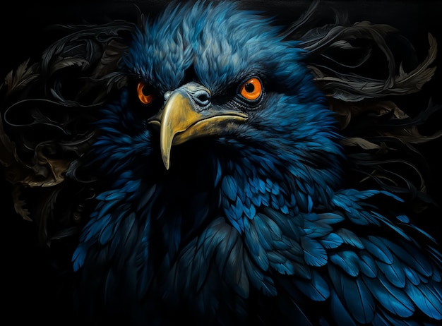 Portrait en gros plan d'un oiseau corbeau noir et bleu