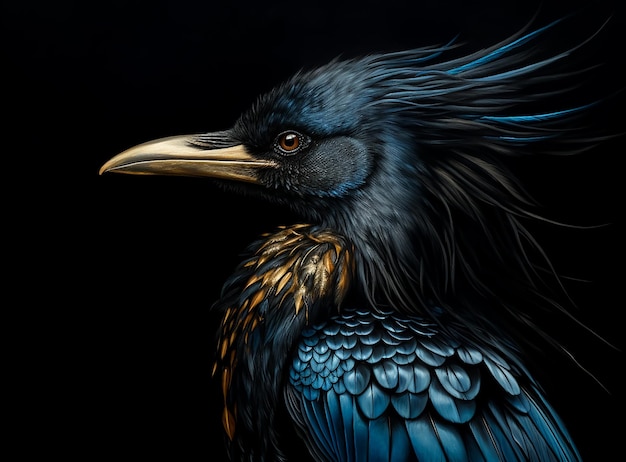 Portrait en gros plan d'un oiseau corbeau noir et bleu