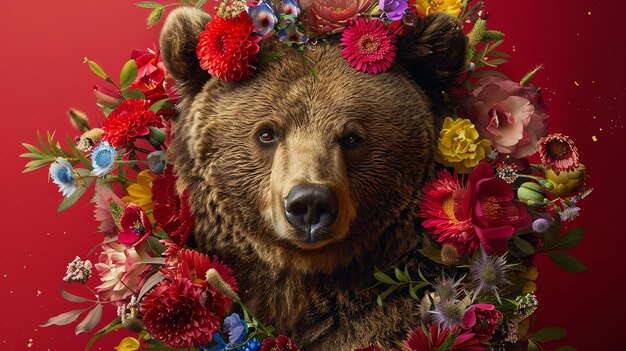 Portrait en gros plan d'un ours brun avec une couronne de fleurs autour de la tête L'ours regarde la caméra avec une expression calme