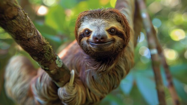 Portrait en gros plan d'un paresseux souriant suspendu à un arbre dans une forêt verte luxuriante