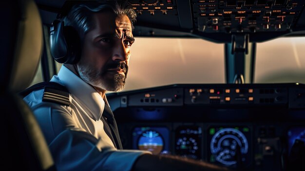 Photo portrait en gros plan d'un pilote dans le cockpit d'un avion