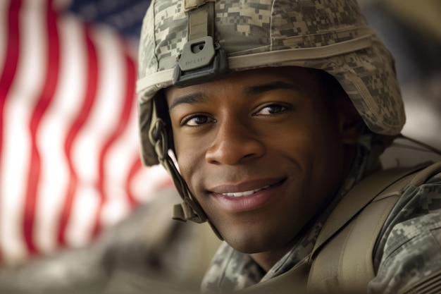 Portrait en gros plan d'un soldat américain avec fond de drapeau