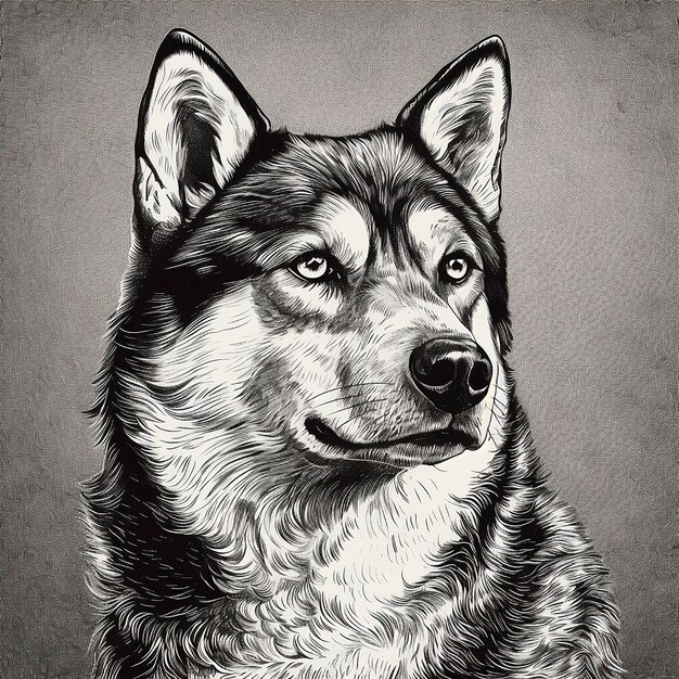 Portrait en gros plan de style Husky en noir et blanc dessin mignon chien de chasse animal de compagnie préféré
