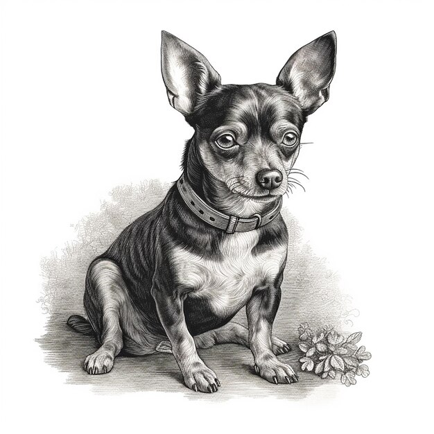 Portrait en gros plan de type gravure de terrier jouet dessin en noir et blanc chien mignon animal de compagnie préféré