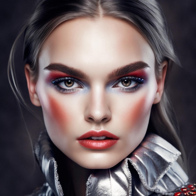 Portrait en gros plan vibrant et glamour d'une femme avec un maquillage rouge et argent saisissant Generative AI