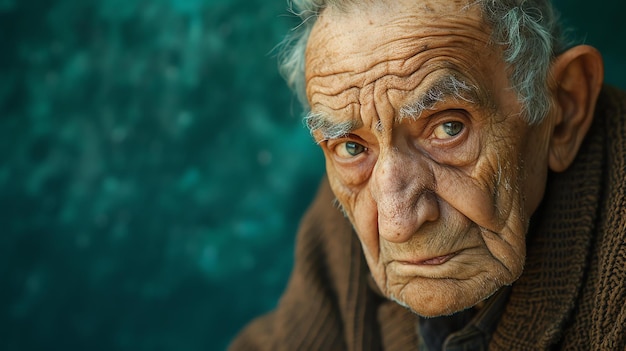 Portrait en gros plan d'un vieil homme au visage érodé et à l'expression sévère