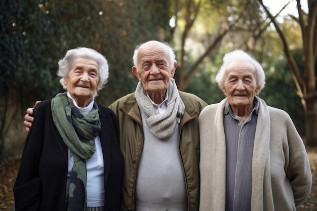 Portrait d'un groupe d'aînés debout à l'extérieur créé avec l'AI générative