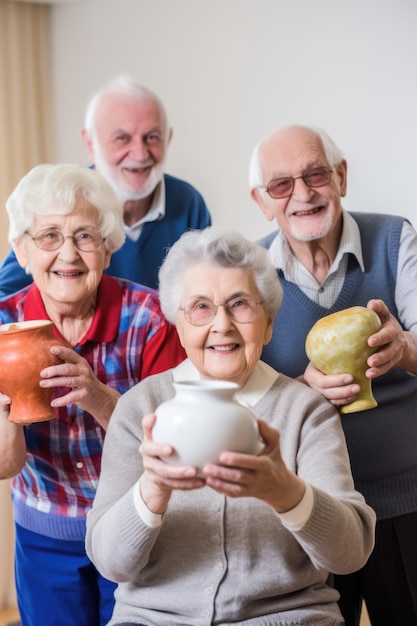 Portrait d'un groupe d'aînés tenant leur œuvre de poterie pendant qu'ils posent ensemble