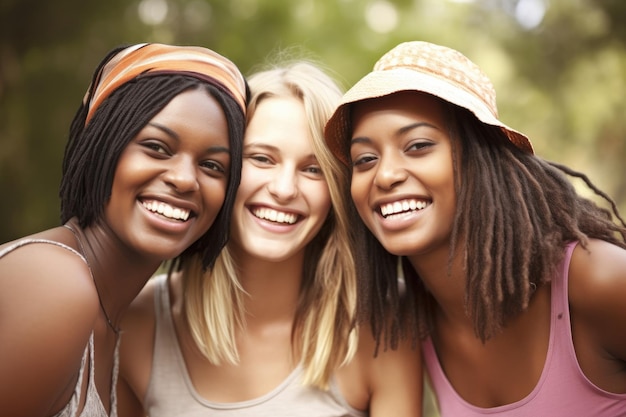 Photo portrait d'un groupe d'amis heureux profitant du plein air ensemble créé avec une ia générative