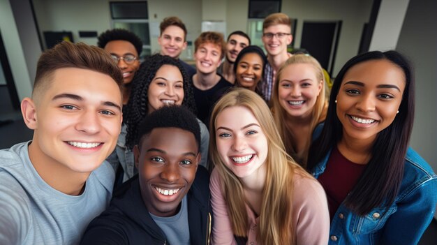 Portrait d'un groupe d'amis multiraciaux heureux prenant une photo sur une image générée par l'IA de classe