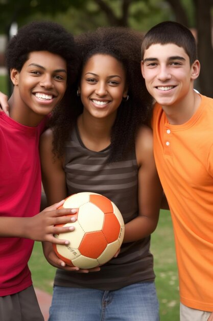 Photo portrait d'un groupe d'amis posant avec des ballons de football créés avec une ia générative