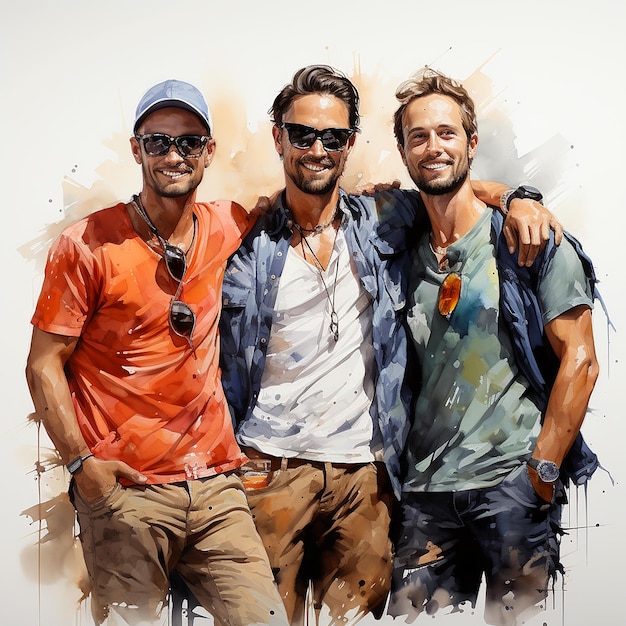 Portrait de groupe d'aquarelle de trois jeunes hommes amis amis en vêtements d'été décontractés générés par l'IA