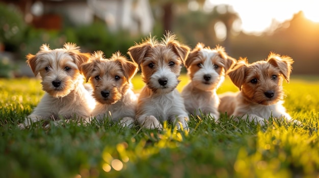 Photo portrait d'un groupe de chiens jack russell en été sur une pelouse verte