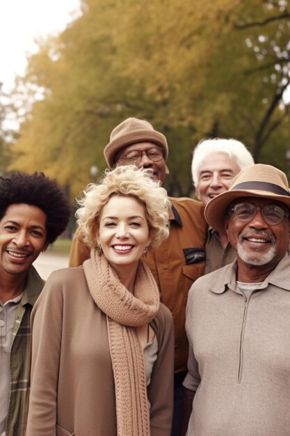 Photo portrait d'un groupe diversifié d'amis s'amusant dans le parc créé avec une ia générative