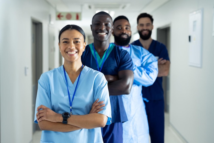 Photo portrait d'un groupe diversifié de travailleurs de la santé souriants faisant la queue dans le couloir de l'hôpital